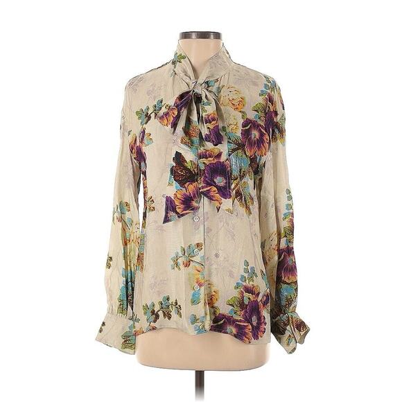 Tory Burch Printed Floral Bow Tie Neck Blouse Cream 4 - Picture 1 of 4